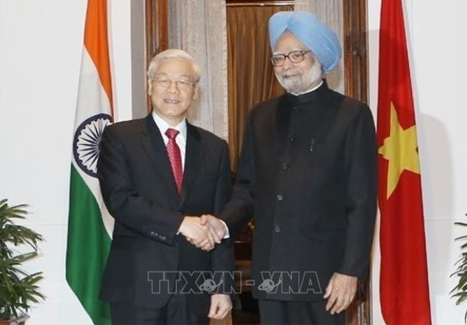 Thủ tướng Manmohan Singh đón, hội đàm với Tổng Bí thư Nguyễn Phú Trọng thăm cấp Nhà nước tới Cộng hòa Ấn Độ (New Delhi, 20/11/2013). (Ảnh: TTXVN)