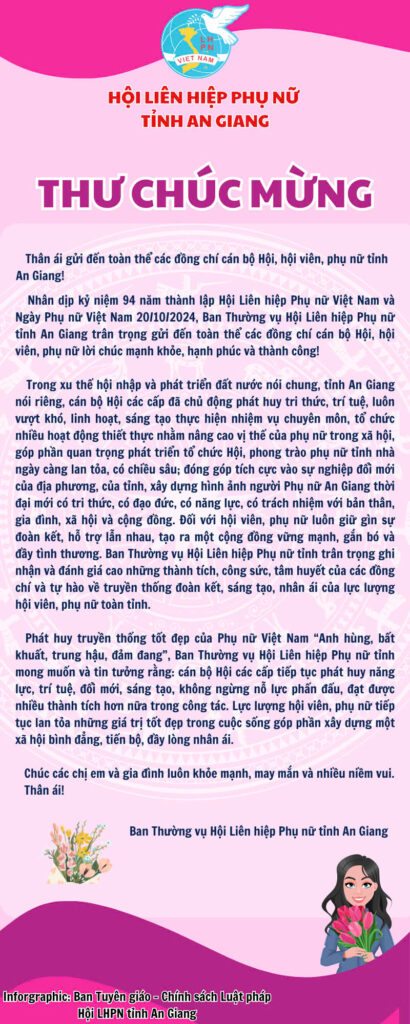 Hội Liên hiệp Phụ nữ tỉnh An Giang chào mừng Kỷ niệm 94 năm thành lập Hội Liên hiệp Phụ nữ Việt Nam và Ngày Phụ nữ Việt Nam 20/10/2024